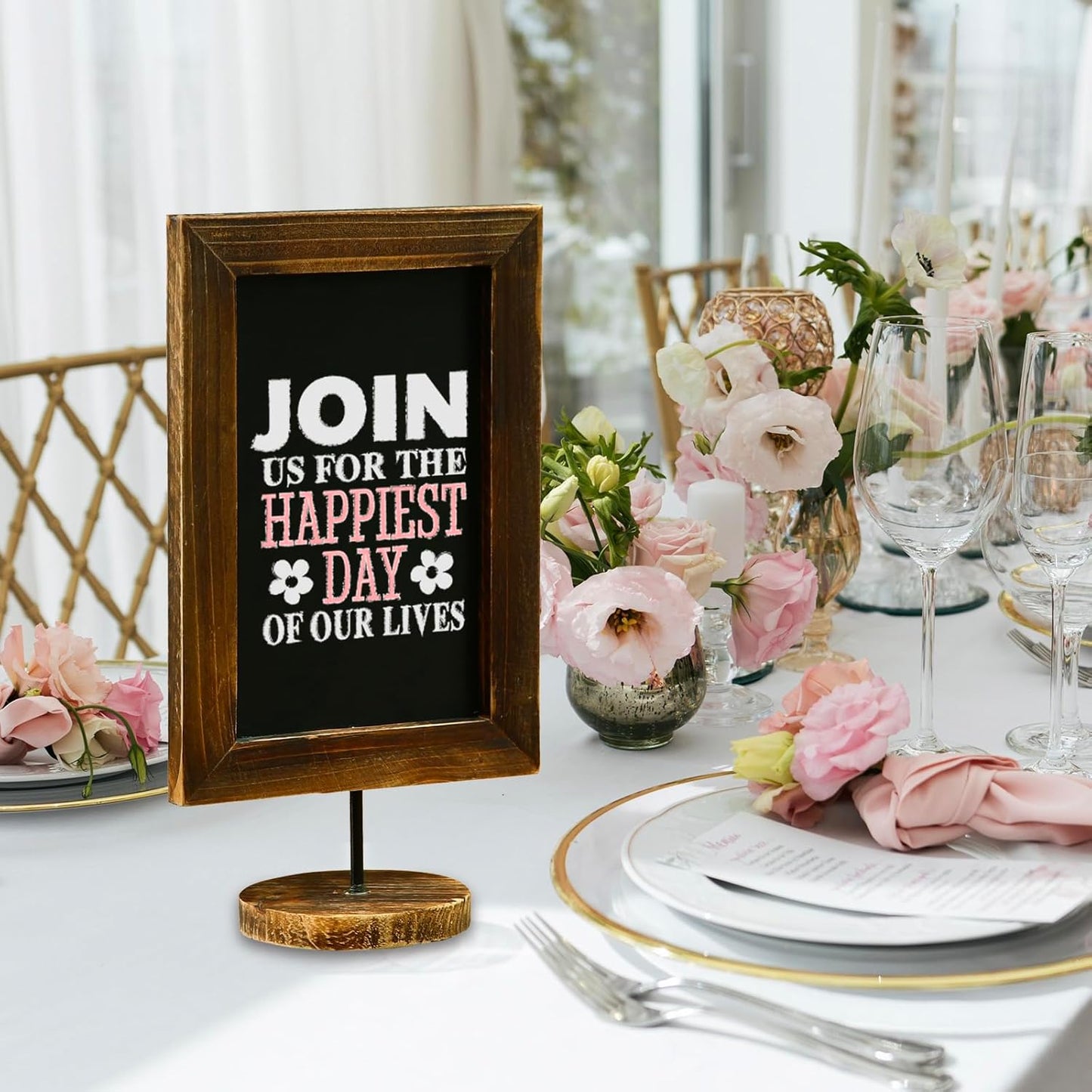 MyGift Set of 2, 12 Inch Chalkboard Sign with Burnt Wood Rectangular Frame and Round Base, Rustic Wedding Table Place Card Signage, Small Kitchen Countertop Memo Board