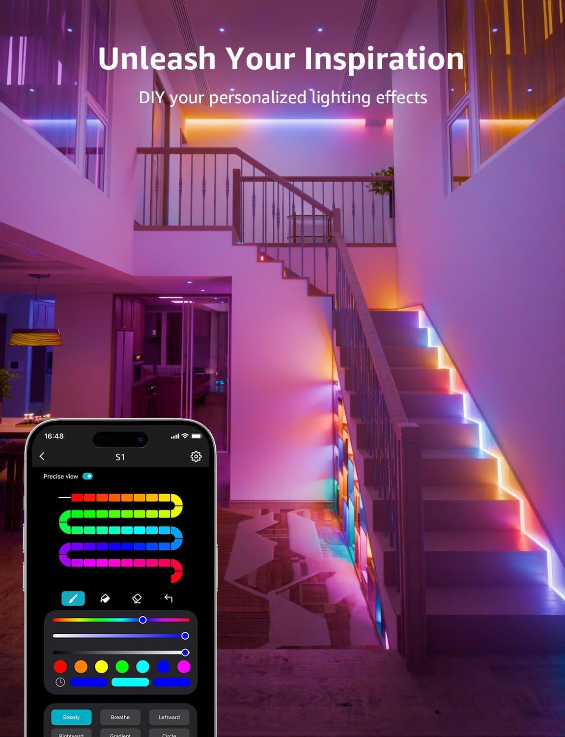 Lepro S1 AI LED Strip Lights for Bedroom - 100ft(2 Rolls of 50ft) Smart RGB Light Strips with IC and Rainbow Chasing Effects, AI Generated Lighting, No Remote, 2.4G Wi-Fi & Bluetooth
