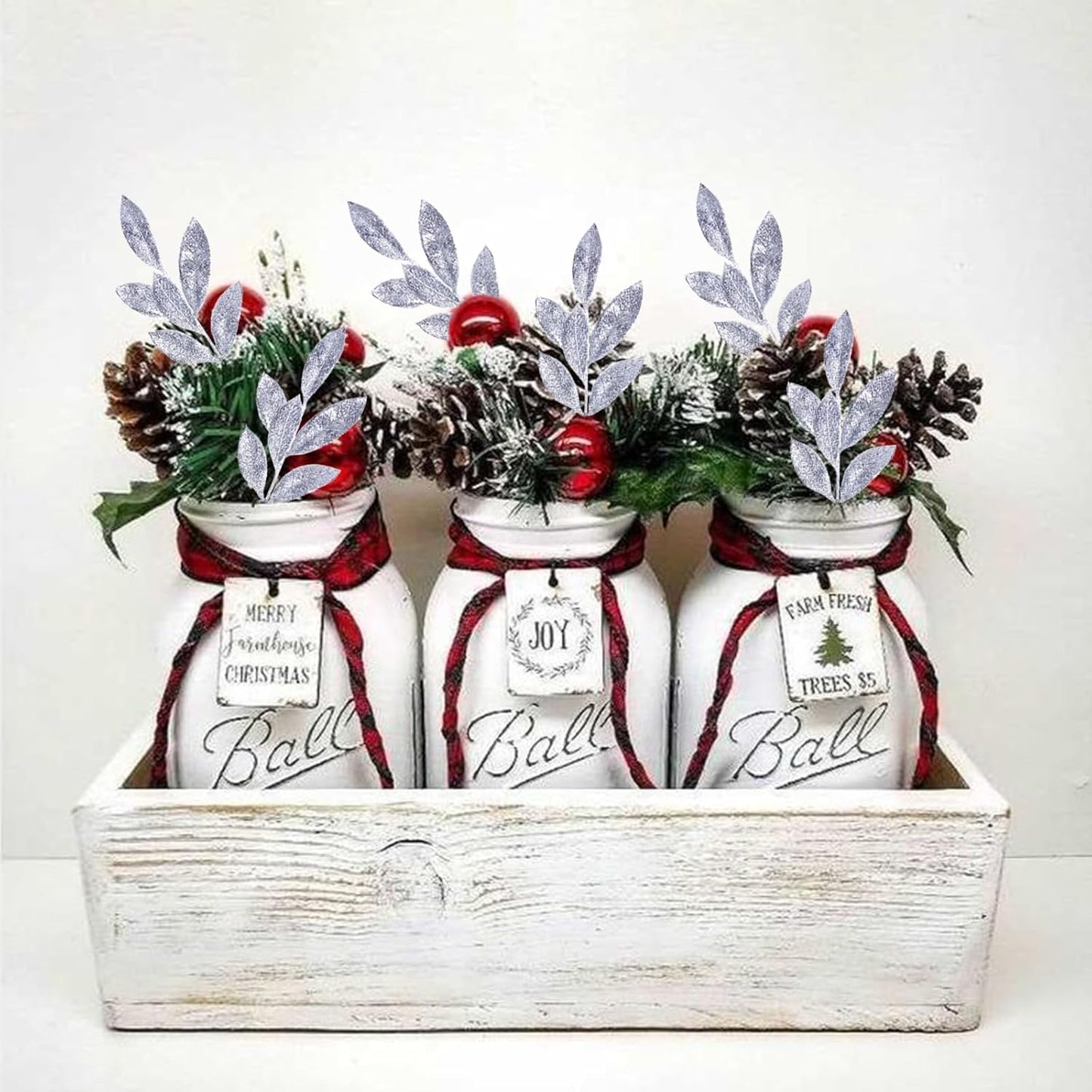 GREENTIME 12 Pack Artificial Silver Glitter Leaves 13" Fake Christmas Picks Decorative Glitter Sticks for Vase Christmas Tree DIY Wreath Crafts Fireplace Decor