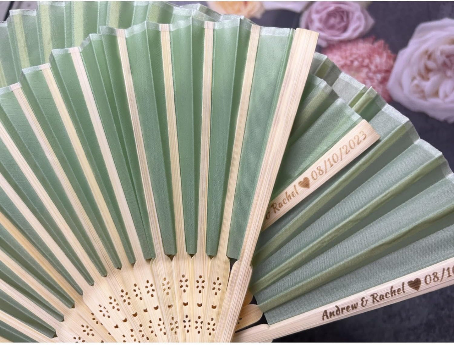 Personalized Wedding Fans Handheld Folding Fans (150Pcs) - Custom Engraved Green Silk Fans for Bridal Shower Favor/Baby Shower Favor, Birthdays Party Gifts/Gifts for Party Guests