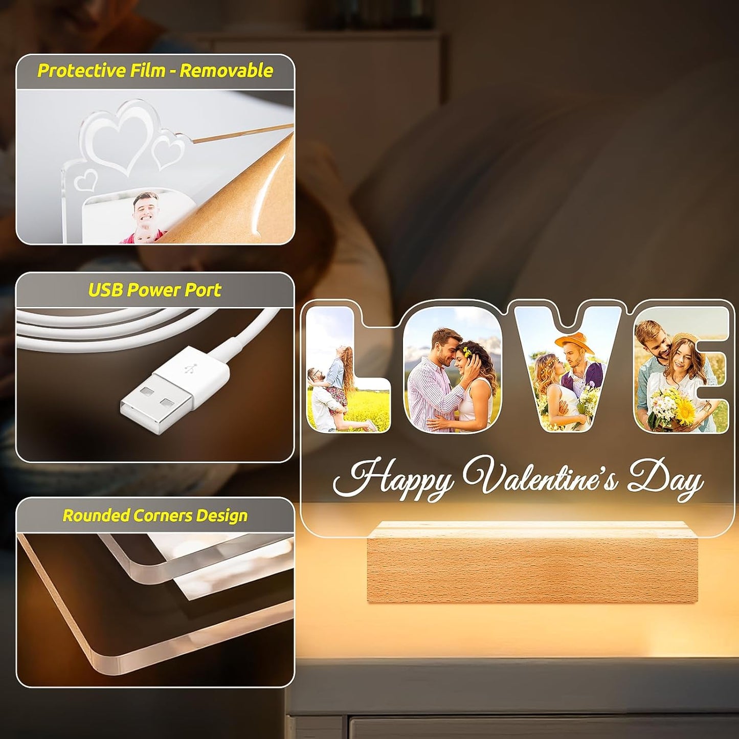 Custom Picture Frames with Photo, Personalized LOVE Photo Frame with Night Light, Customized Couples Gifts, Personalized Anniversary Valentines Gifts for Women Men Her Him Girlfriend Boyfriend