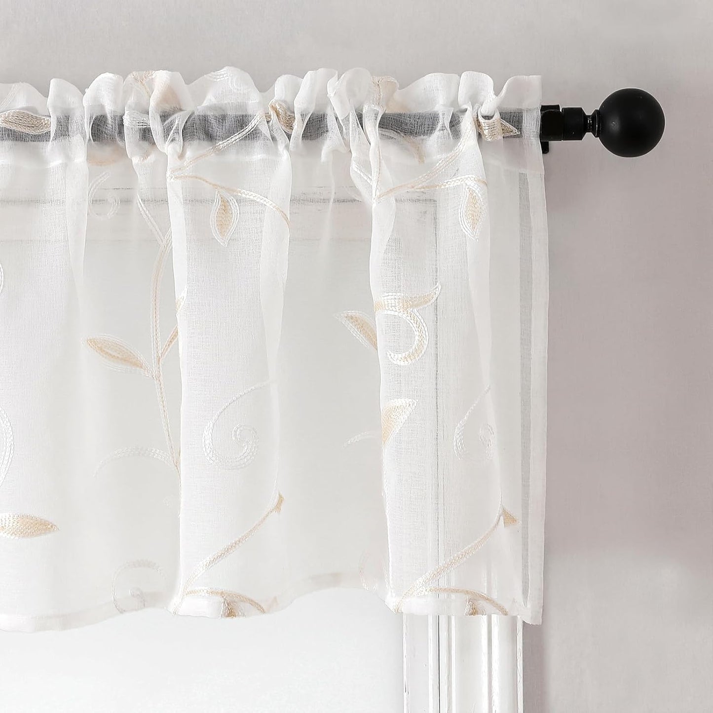 VISIONTEX Sheer Voile Curtain Valances, Decorative Leaves Embroidered, Rod Pocket Window Treatment for Kitchen/Rustic Bedroom/Living Room (54 x 16 Inch,1 Panel)