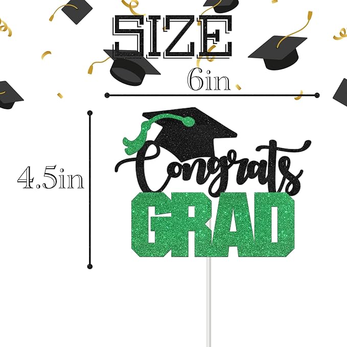 Congrats Grad Cake Topper - High Sohool/College Graduation Party Decoration Supplies - Congratulations Class of 2025 Party Cake Decorations (Green)