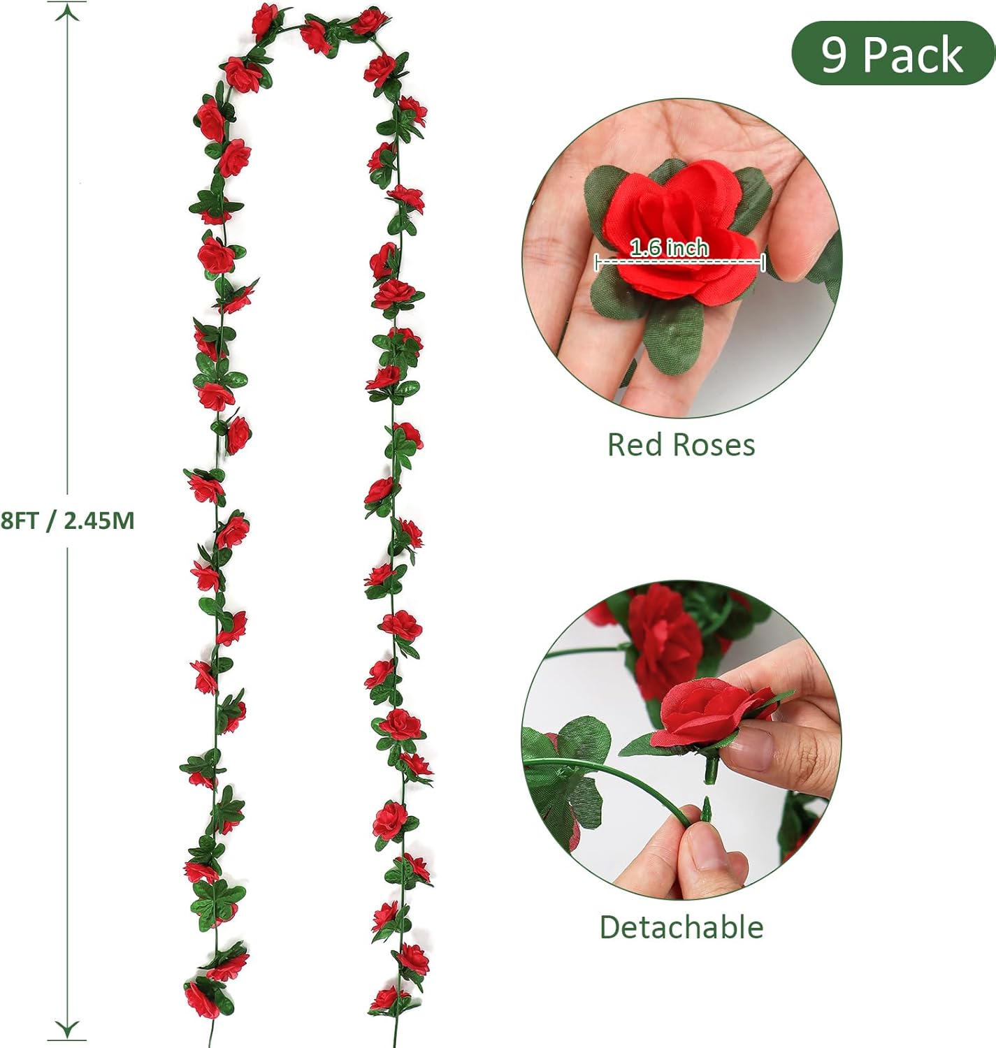 KHOYIME 9 Pack 72 FT Artificial Flower Garland, Fake Red Roses Vines Silk Flowers Faux Plastic Outdoor Hanging Floral Ivy Garland Decoration for Wedding Arch Bedroom Home Wall Backdrop Room Decor