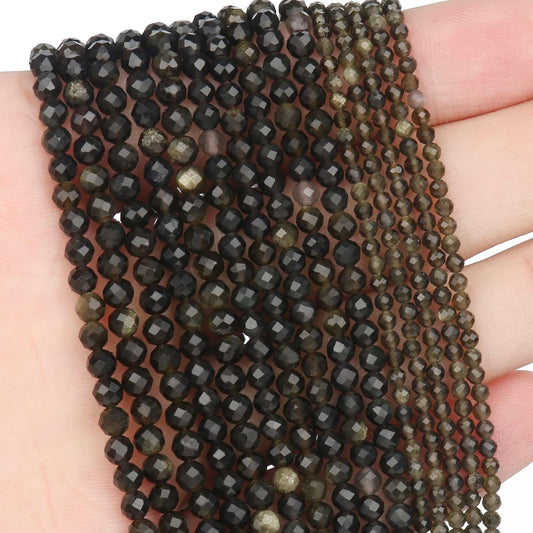 Song Xi 180pcs 2mm Natural Gold Obsidian Gemstone Beads Faceted Round Loose Stone Beads for Jewelry Making