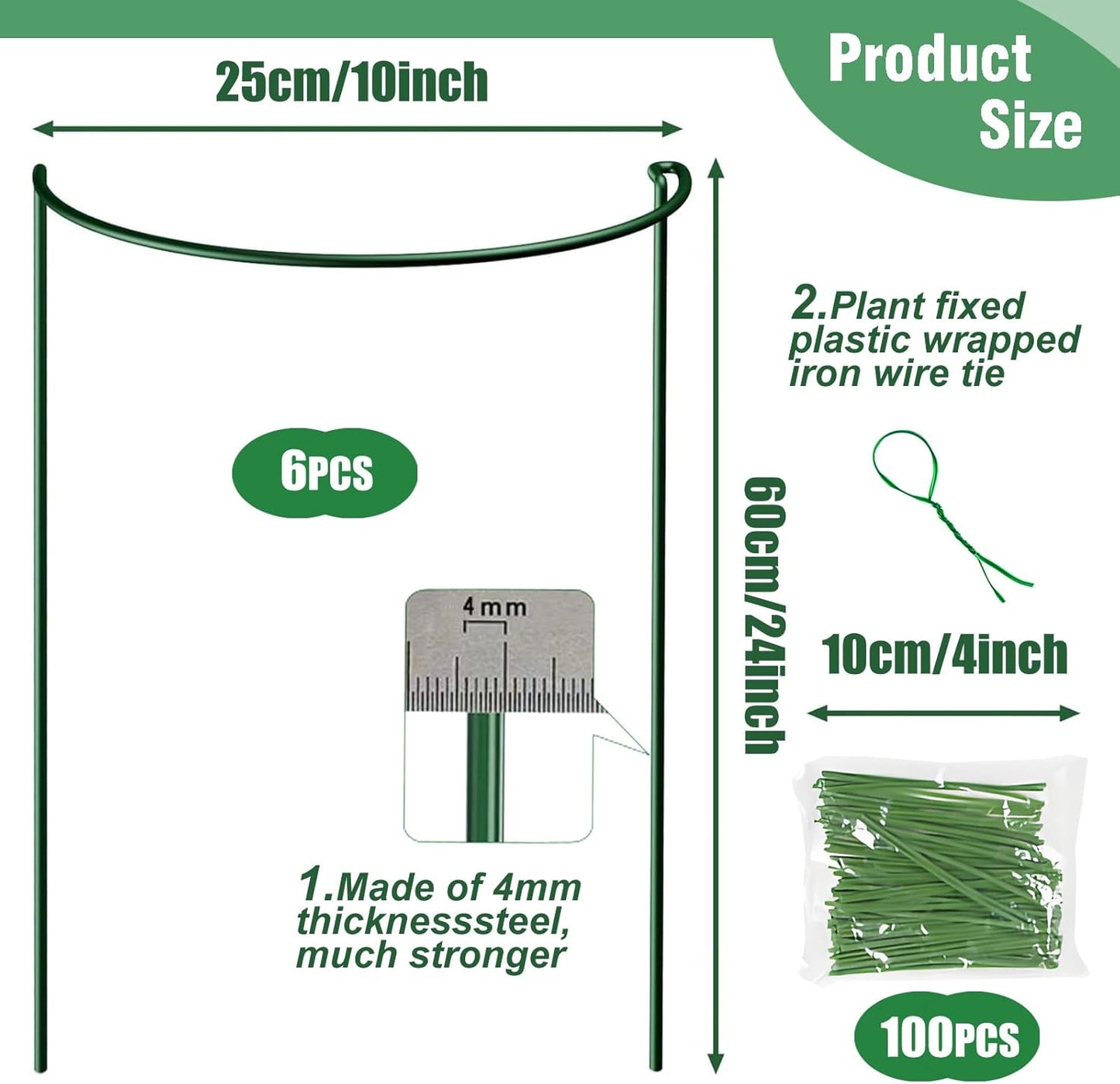 6 Pack Tall Plant Support Stakes, Peony Cages and Supports Large 10" Wide x 24" High Tall Peony Ring Supports, Garden Plant Stakes for Outdoor Plants Rose, Tomato, Hydrangea, Flowers(100 Plant Ties)