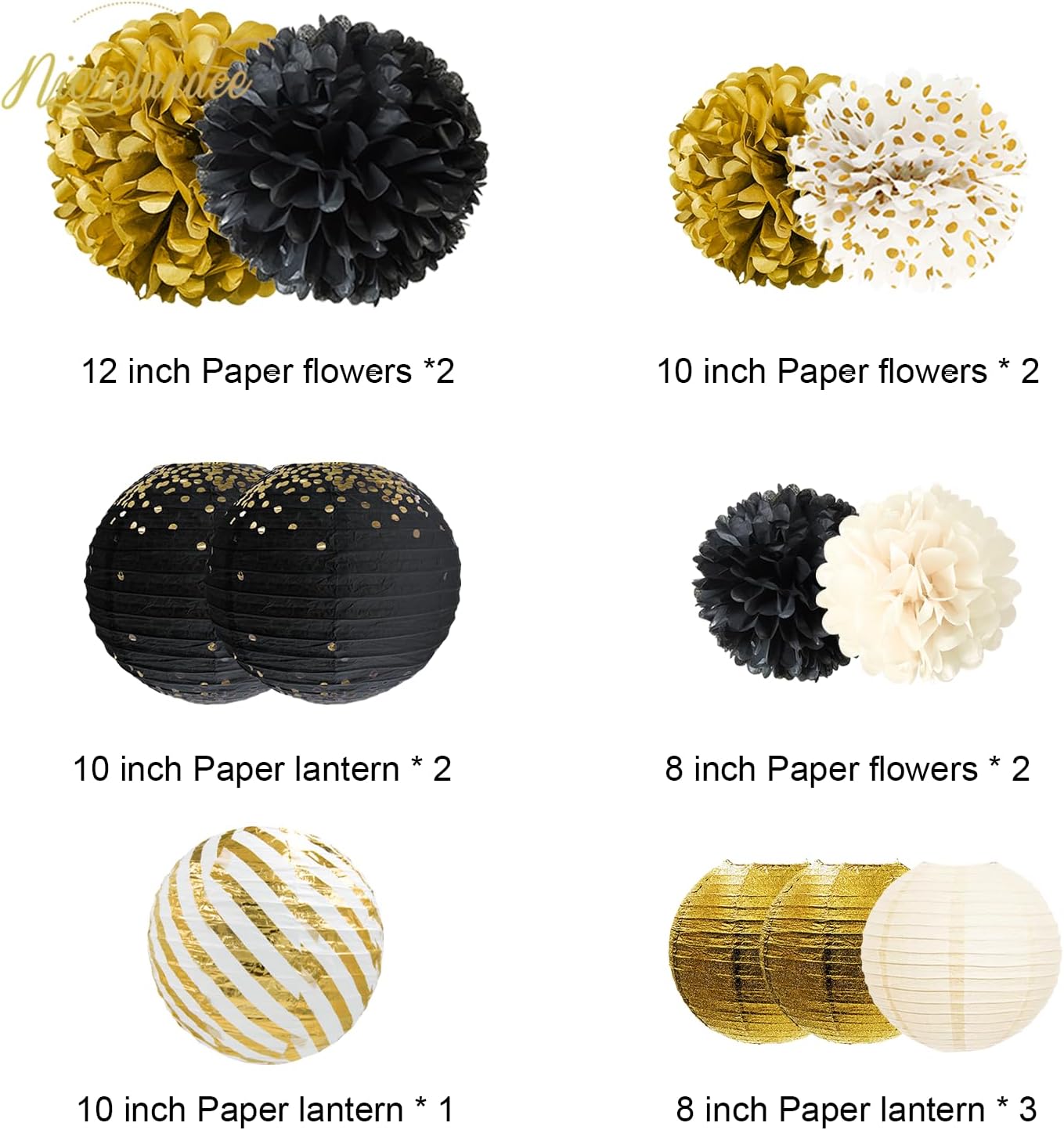 NICROLANDEE Black Gold Party Decorations,12PCS Paper Lantern Tissue Pom Poms Black and Gold Hanging Backdrop Decor for 2025 Graduation New Year Birthday Christmas Party Supplies