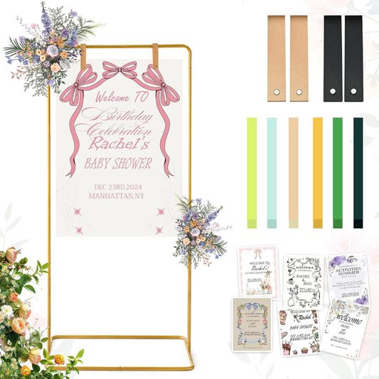 Wedding Sign Stand - Adjustable Wedding Sign W/Design Bundle & Leather Sign Hanging Straps, Durable Metal Easel Stand for Wedding Welcome Signs, Seating Charts, Ceremony & Reception Decor (Gold)