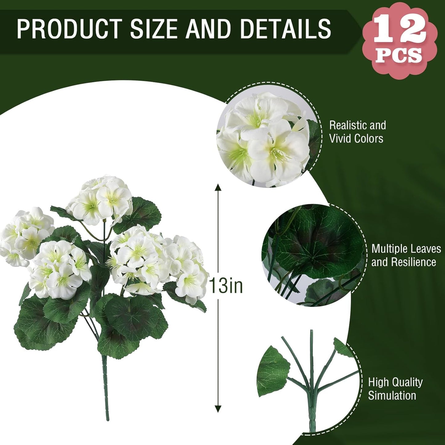 Hananona Artificial Geranium Flowers for Outdoors Geranium Silk Flowers Outdoor UV Resistant Garden Plants Faux Flowers for Home Kitchen Table Centerpieces Decor (12, White)