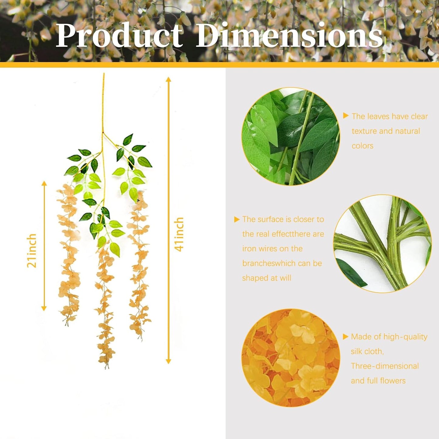 24 Pack Orange Wisteria Hanging Flowers, 3.4 Ft Fake Hanging Flowers, Artificial Wisteria Garland Vines for Wedding Room Backdrop Outdoor Patio Garden Decoration