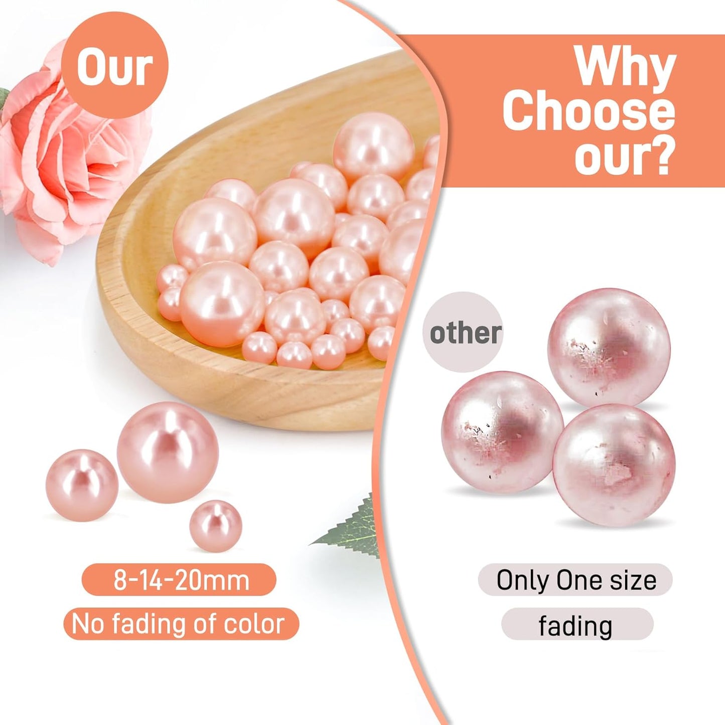 120 PCS 8/14/20mm No Hole Polish Pearl Beads for Centerpiece, Rose Gold Beads Decorative Vase Fillers, Plastics Pearls for Vases, Table Scatters, Wedding Party Decor