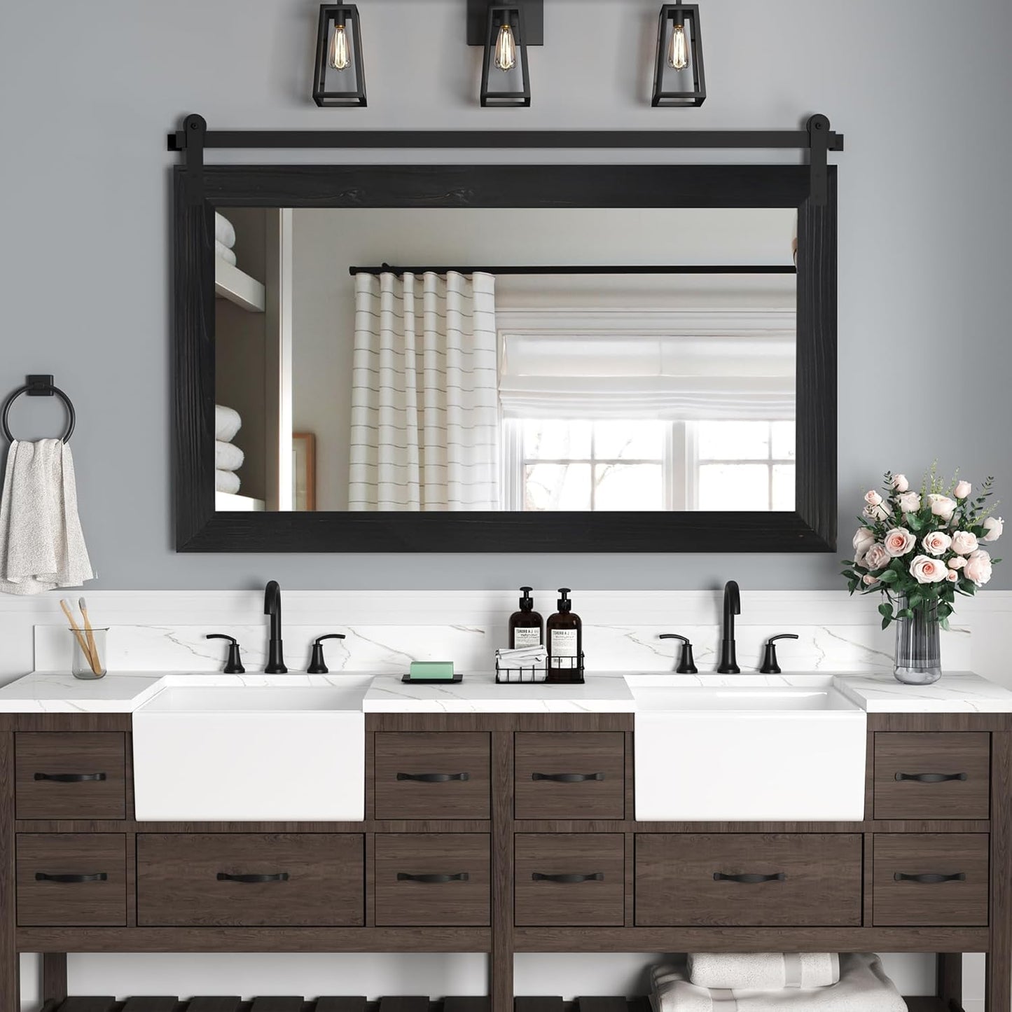 COGOOD Farmhouse Barn Door Mirror - 41" x 26" Rustic Wood Framed Wall Mirror for Bathroom, Living Room, Entryway Wall Decor (Black)