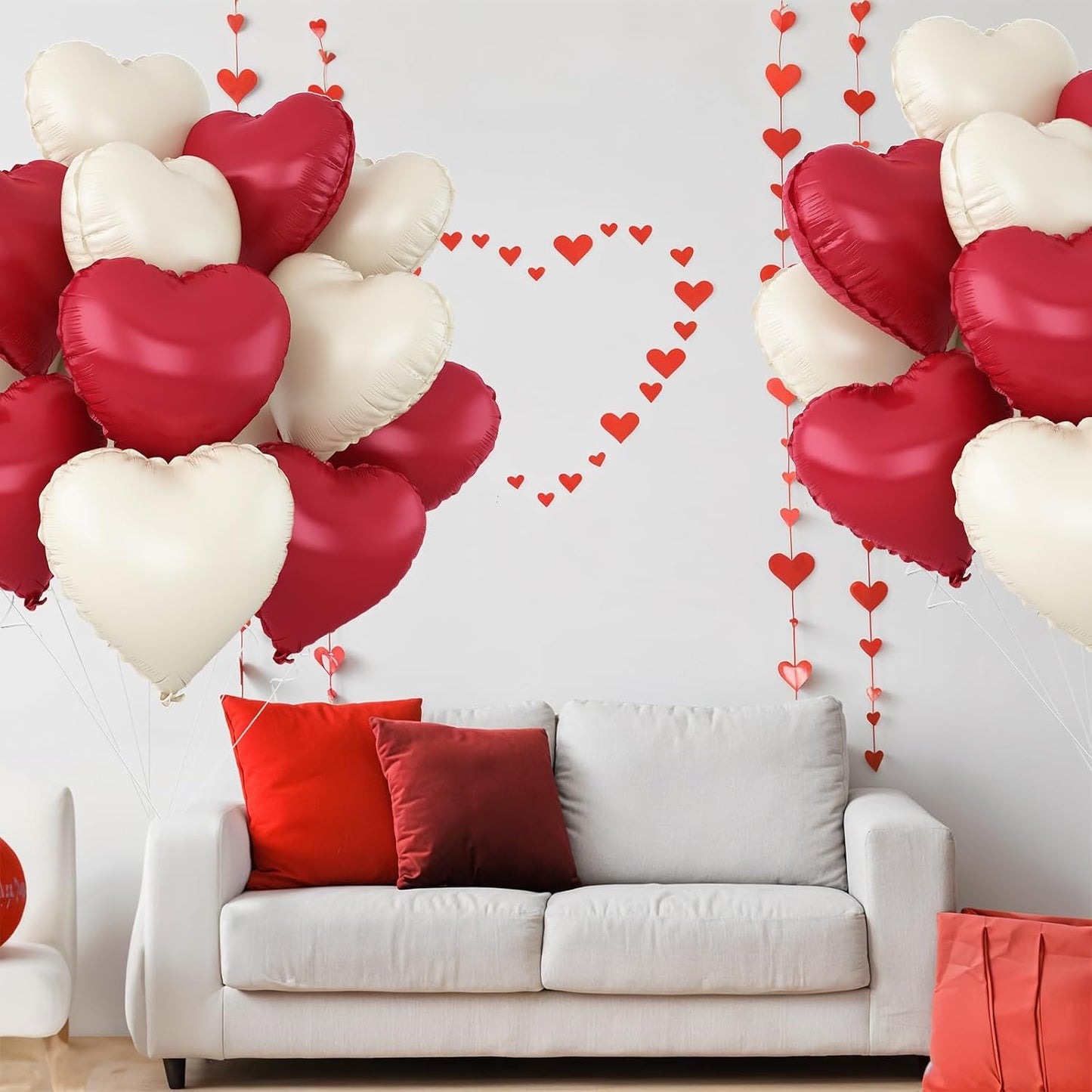 Red White Heart Balloons,12Pcs 18Inch Cream White Metallic Red Heart Shaped Foil Helium Balloons for Baby Shower Birthday Anniversary Wedding Engagement Party Decorations