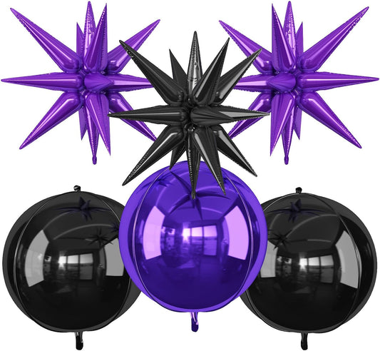 6Pcs Black Purple Foil Balloons,22Inch Purple Black 4D Round Ball Balloon and Explosion Star Balloon for Birthday Wedding Baby Shower Anniversary Party Decorations