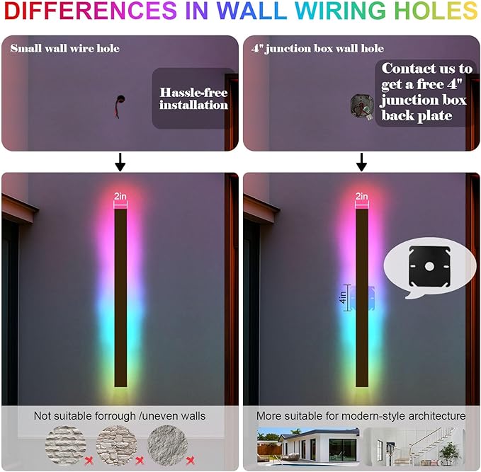 47 in Modern Outdoor Wall Light, Waterproof Long Wall Sconce Musical Rhythm, LED RGB/White/Dimmable, Exterior Wall Light with Remote App for Party Gathering Outside Decor