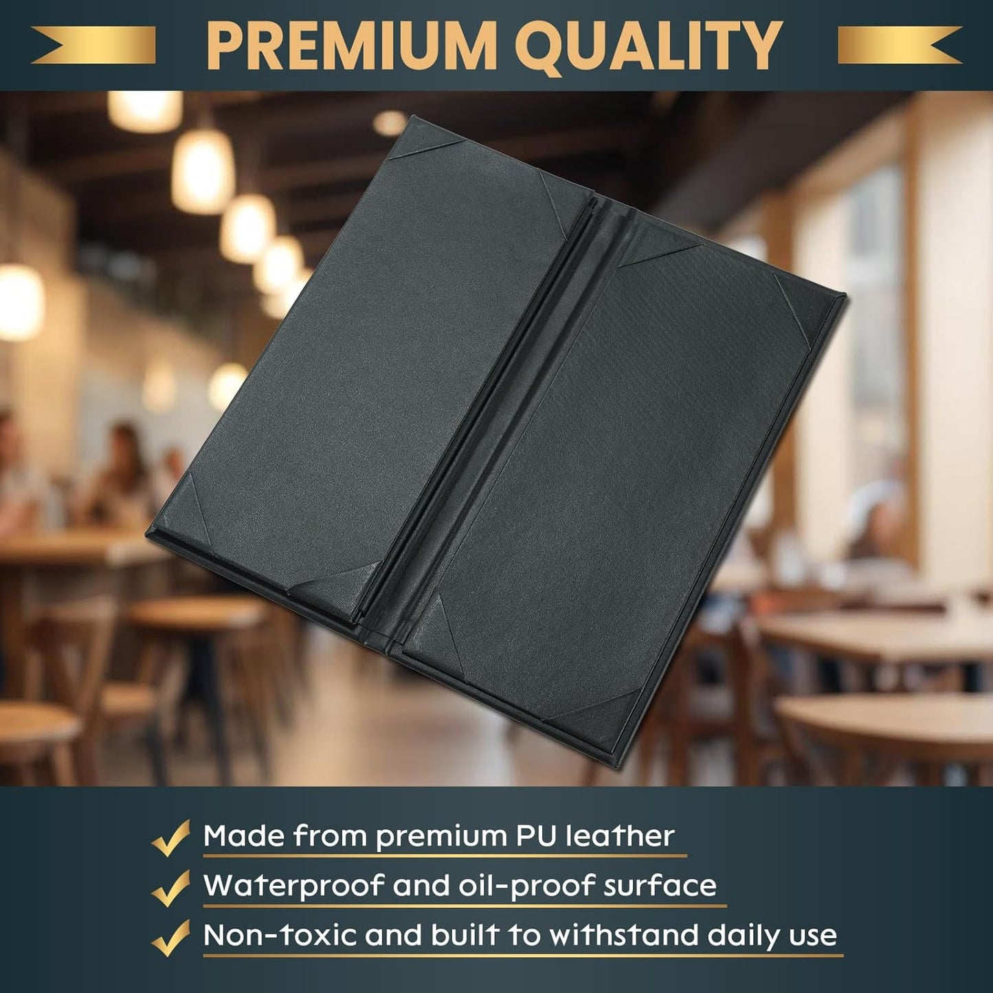 12 Pack 4 View Menu Holder Menu Covers 4.25" x 11" | Black Leather Menu Sleeves Book Style for Restaurant Coffee Bars Wine List