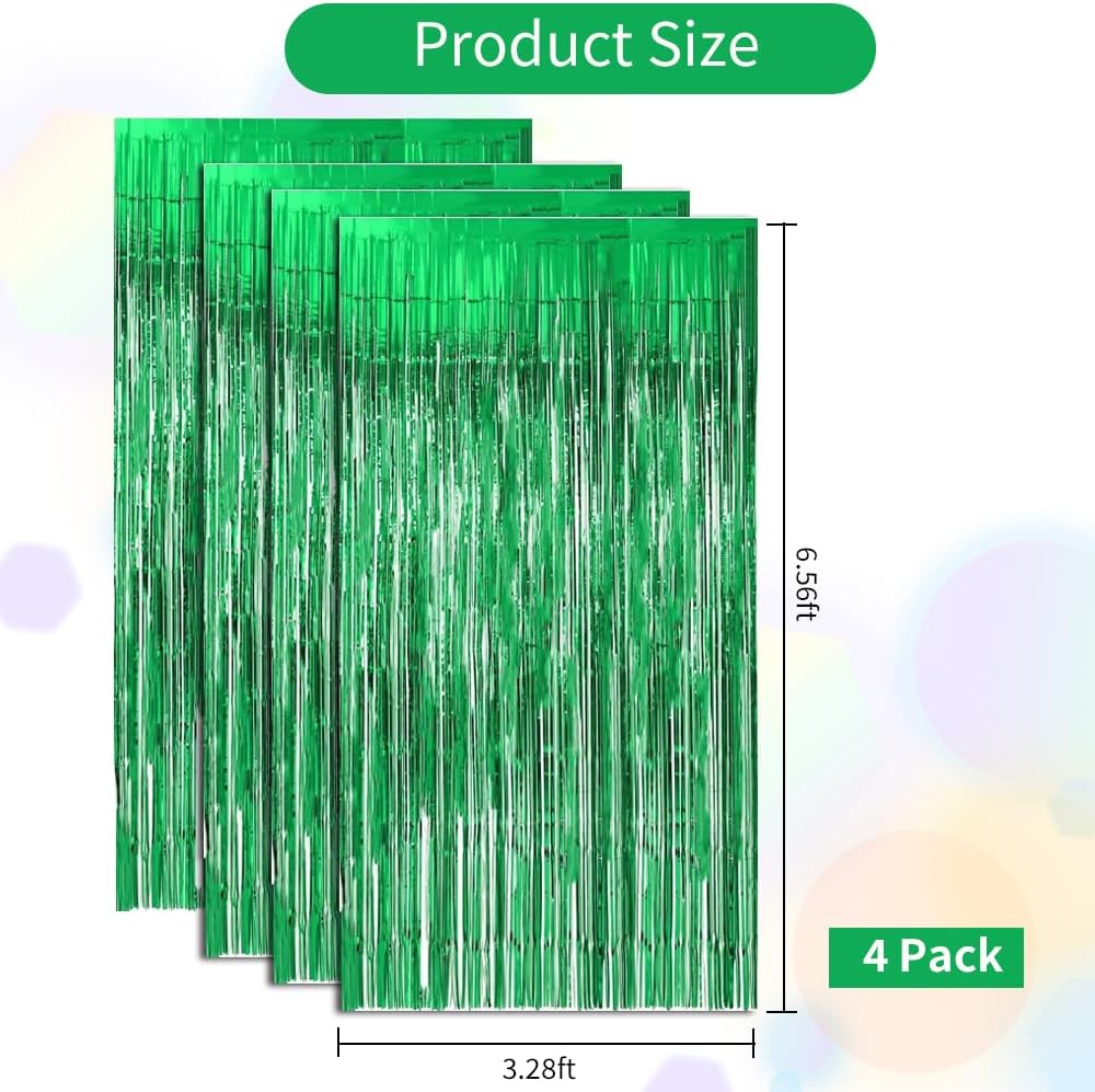 BEISHIDA 4 Pcs Green Door Streamers Tinsel Curtain Party Streamers Backdrop Fringe Foil Wall Background for Birthday Halloween Christmas Wedding Party Decoration(3.28 ft x 6.56 ft)