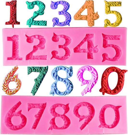 Silicone Fondant Molds, AIMEIKI 2 Pack 3D Silicone Number 0-9 Embossed Fondant Chocolate Baking Molds for Decorating Birthday Cake Candy Chocolate DIY Craft Projects