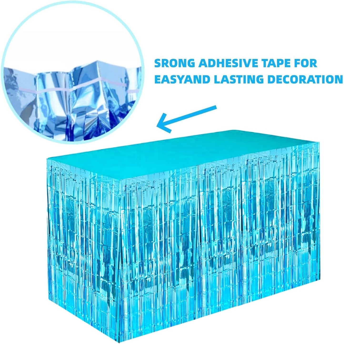 Light Blue Streamers Party Decorations, 2 Packs Ocean Blue Table Skirts Metallic Foil Fringe Tinsel for Birthday Under The Sea Shark Boy Baby Shower Winter Party Supplies -29x108Inch