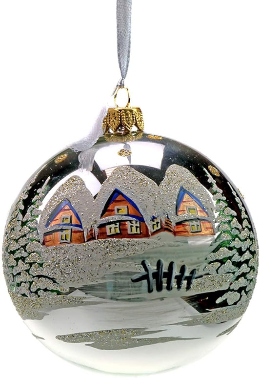 4" Christmas Tree Glass Ball Ornaments, Hand-Painted by Skilled Artisan, Set of 6 in a Wooden Box