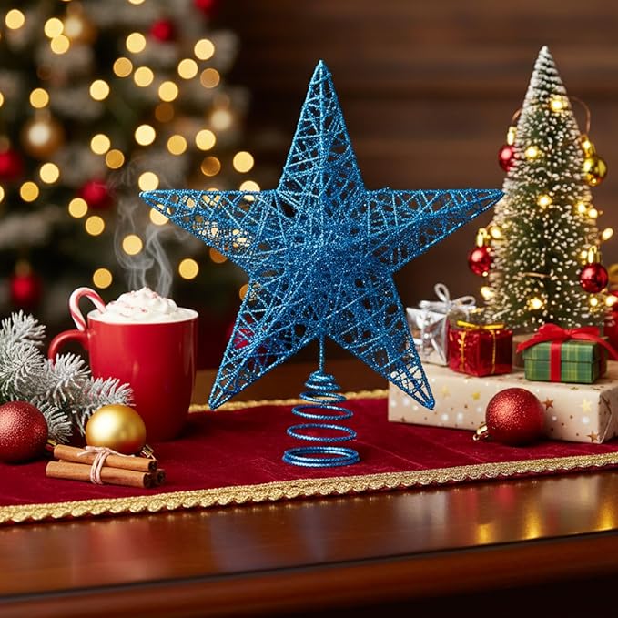 Christmas Star Tree Topper Glittering Hollow Star Topper Decoration for Xmas Tree Ornament Party Supplies(Sky Blue,9.8 Inch)