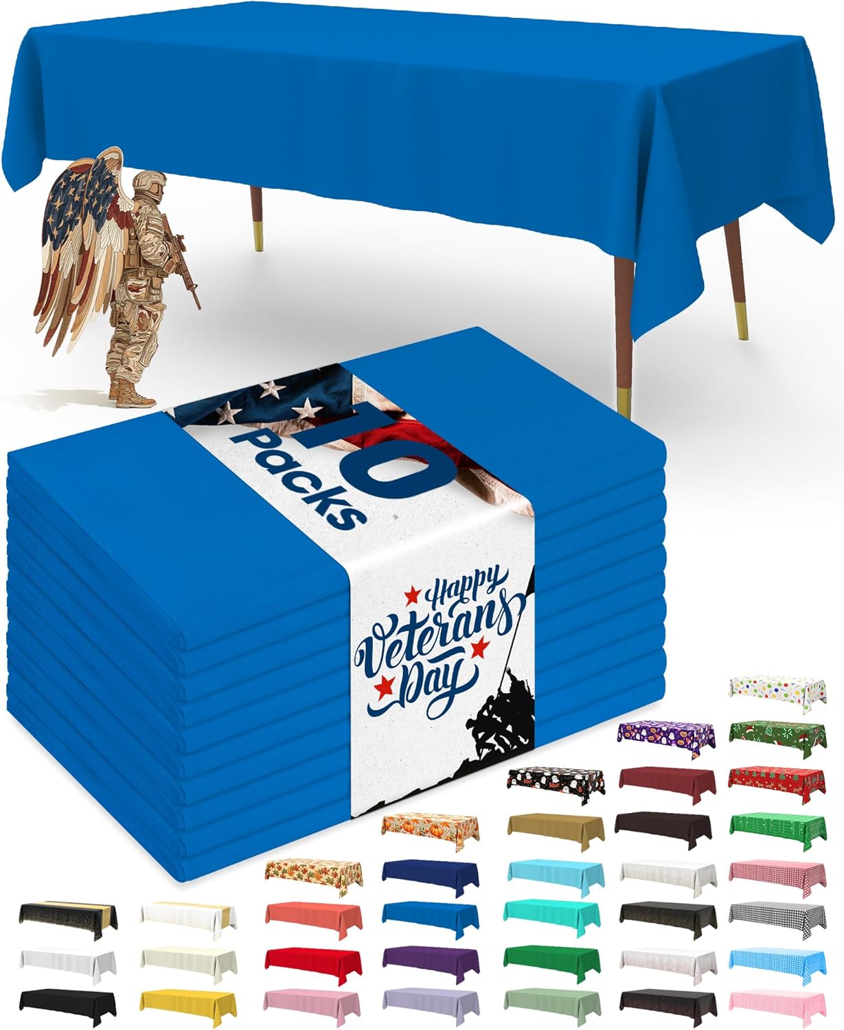 Pureegg Plastic Table Cloth Disposable 10 Pack, 54 x 108 Inch Table Cloths, Patriotic Decorations, Thanksgiving, Veterans Day Tablecloths, Rectangle, Plastic Cover, Leakproof & Sturdy, Blue