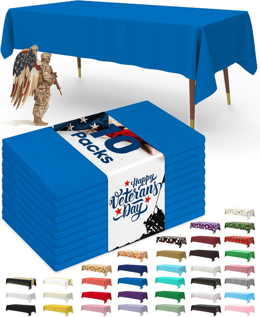 Pureegg Plastic Table Cloth Disposable 10 Pack, 54 x 108 Inch Table Cloths, Patriotic Decorations, Thanksgiving, Veterans Day Tablecloths, Rectangle, Plastic Cover, Leakproof & Sturdy, Blue