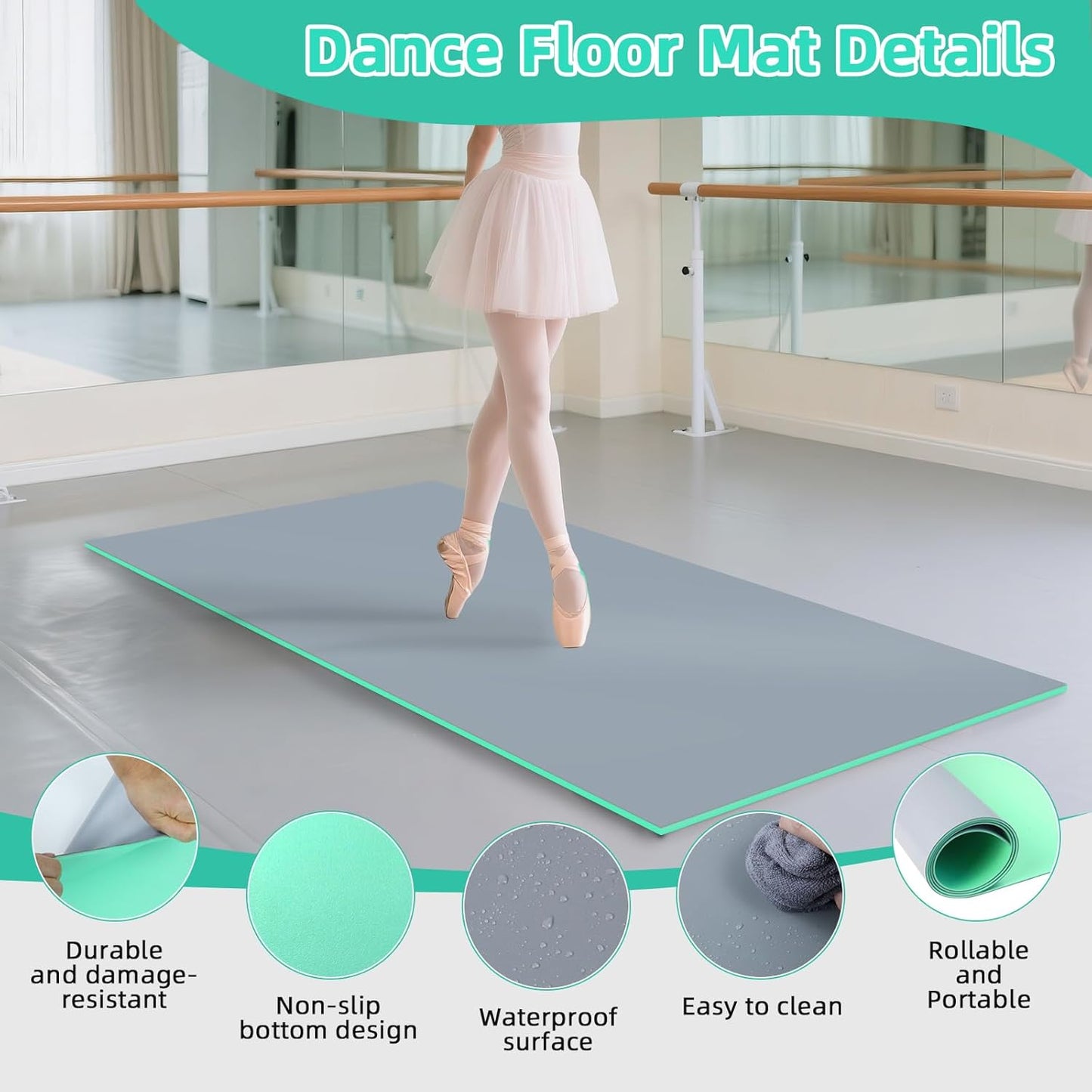 Dance Floor Mat Non-Slip with Shoulder Strap Portable and Dance Resistance Band, Dance Floor for Ballet,Jazz, Pop Thick PVC Practice Floor Reusable Mat (Gray-Green, 180cm*91.5cm*0.35cm)