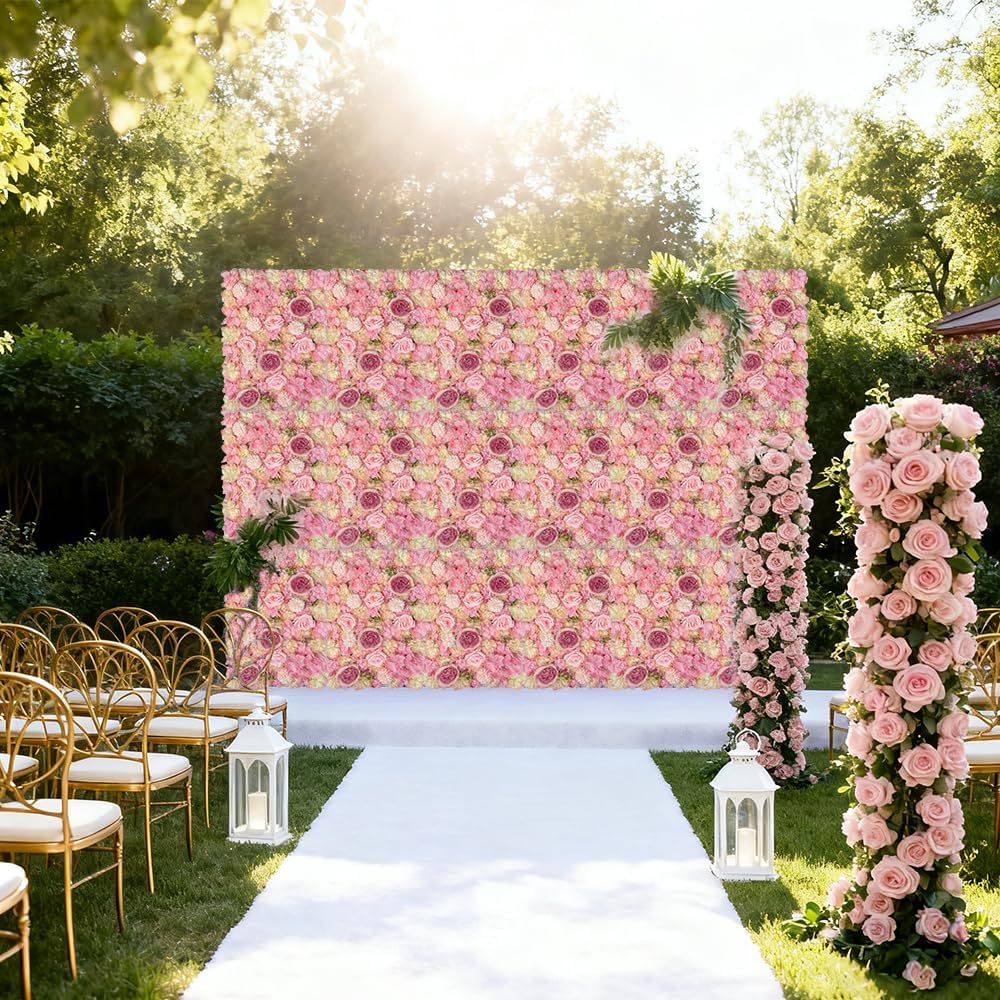 Artificial 3D Flower Wall Panel for Backdrop 12 Pcs 24x16 inches Pink Faux Roses Artificial Flower Backdrop for Wedding Party Bridal Baby Shower Decor