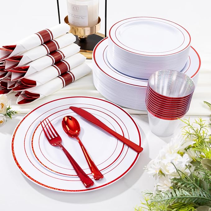 WELLIFE 350 Pcs Red Plastic Plates for 50 Guests - Plastic Dinnerware Set,Party Supplies Includes 100 Red Plates,150 Silverware,50 Napkins,50 Cups
