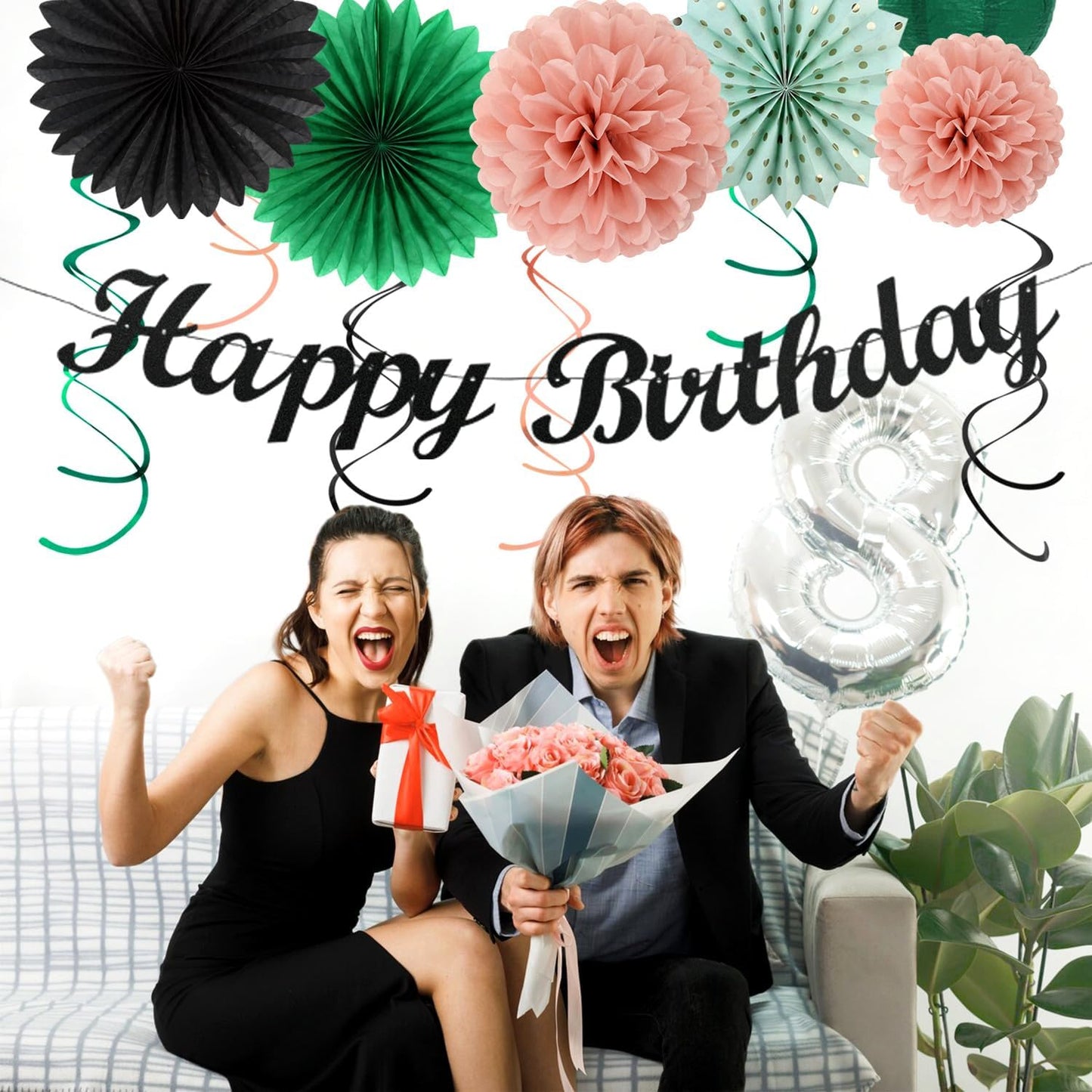 Sage-Green Blush-Pink Black Birthday Party-decorations - 21pcs Girls Woman Happy Banner Garland, Paper Streamers Lanterns,Flower Tissue Pom Poms Fan Supplies,Wall Backdrop Decor Huglony