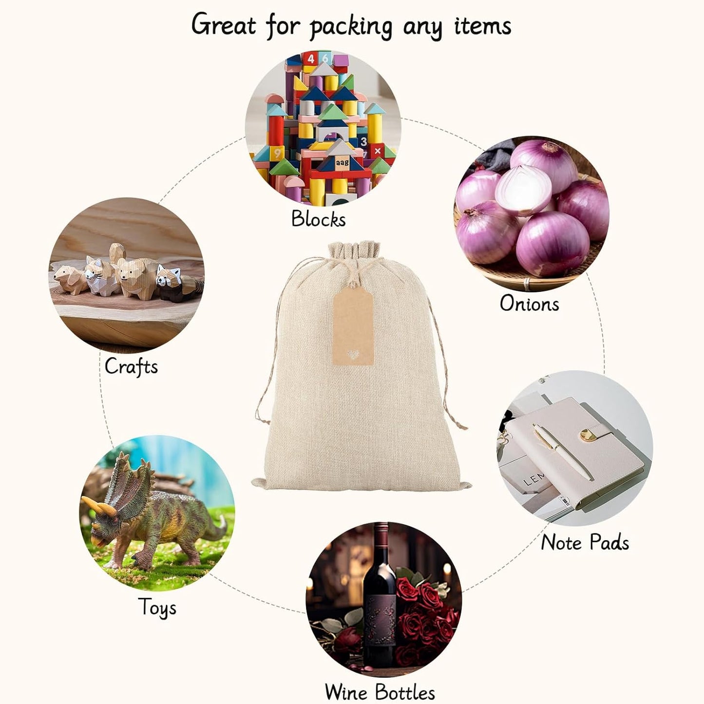 Tapleap Burlap Gift Bags with Drawstring - 10Pcs 10x14 Original Sacks with String and Tags for Wrapping Halloween Favors, Clothes, Toiletries, Breads, For Birthday, Wedding or Household Use