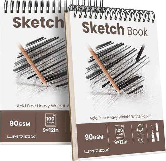 Umriox 9" x 12" Sketch Book, 2-Pack Sketch Pad (100 Sheets Each), Top Spiral Bound Sketchbook, Acid-Free Drawing Paper, Art Drawing Pad for Artists, Students and Designers