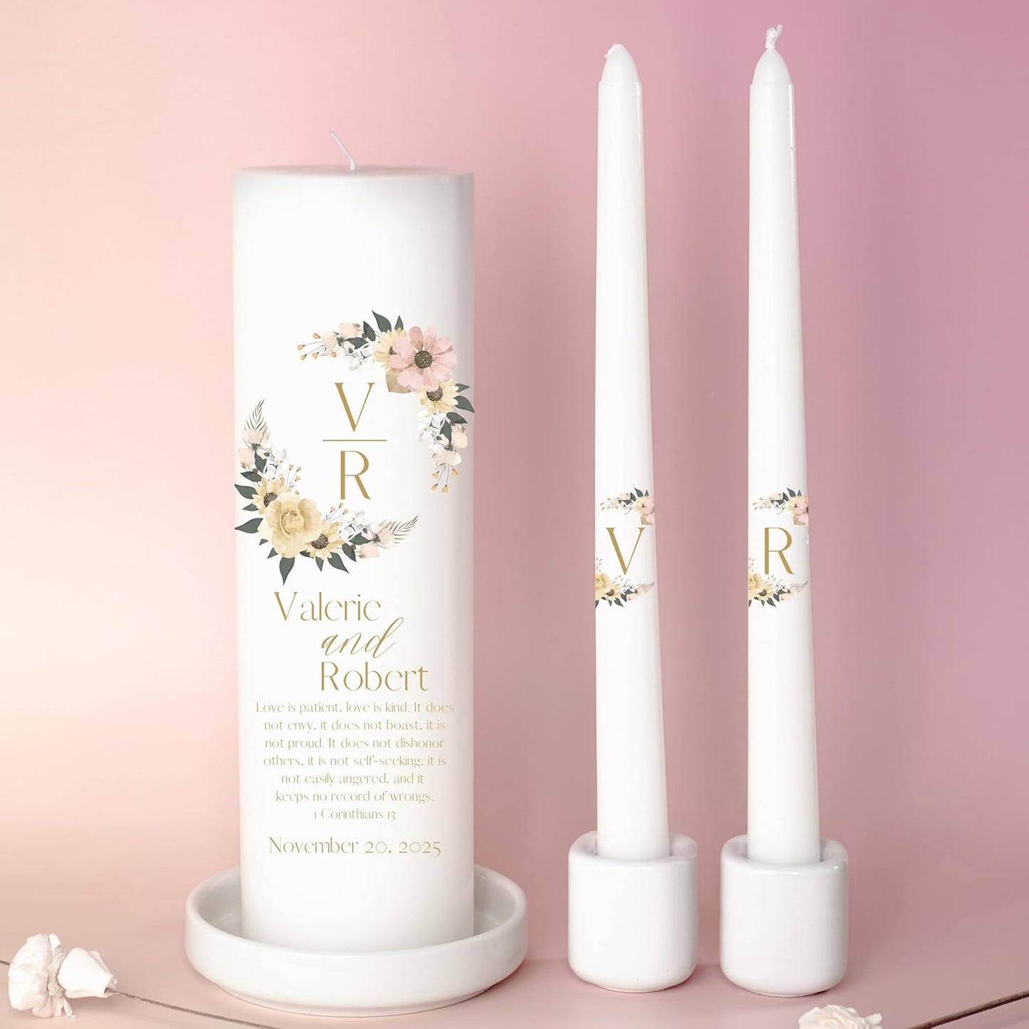 Unity Candles for Wedding, Modern Unity Set, Custom and Personalized Pillar and Taper Candles with Bible Quote, Unscented White Premium Wax, Religious and Wedding Ceremony, Special Events