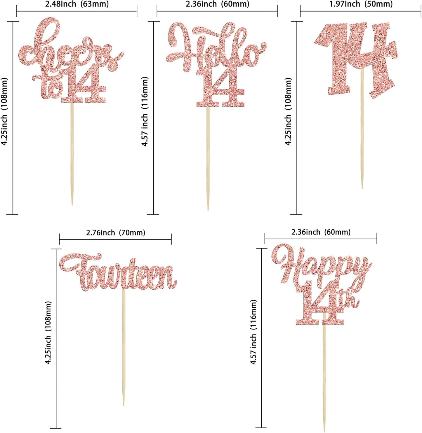 30Pcs 14th Birthday Cupcake Toppers Hello 14 Cupcake Picks Fourteen Cheers to 14 Years Old Cake Decorations for 14th Birthday Anniversary Party Supplies Rose Gold Glitter