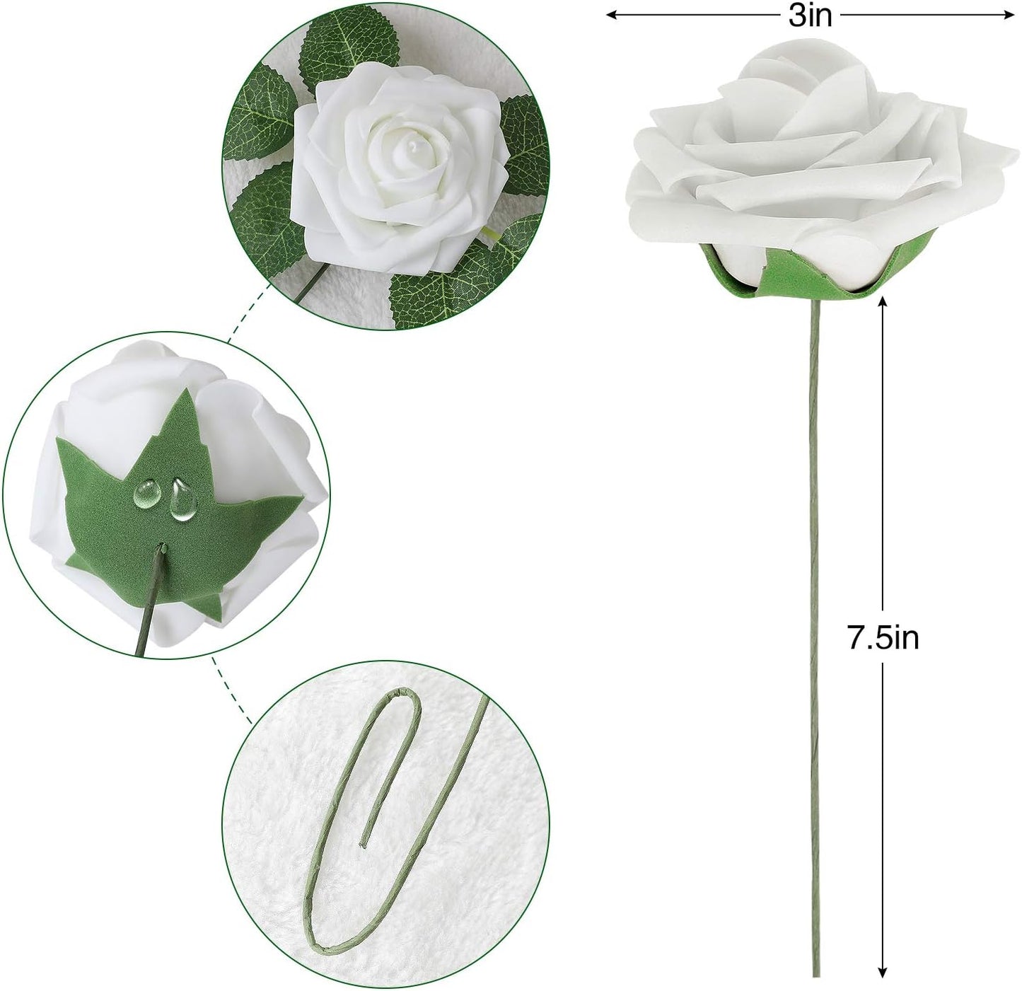 AmyHomie Artificial Flower White Rose 25pcs Real Looking Fake Roses w/Stem for DIY Wedding Bouquets Centerpieces Arrangements Party Baby Shower Home Decorations