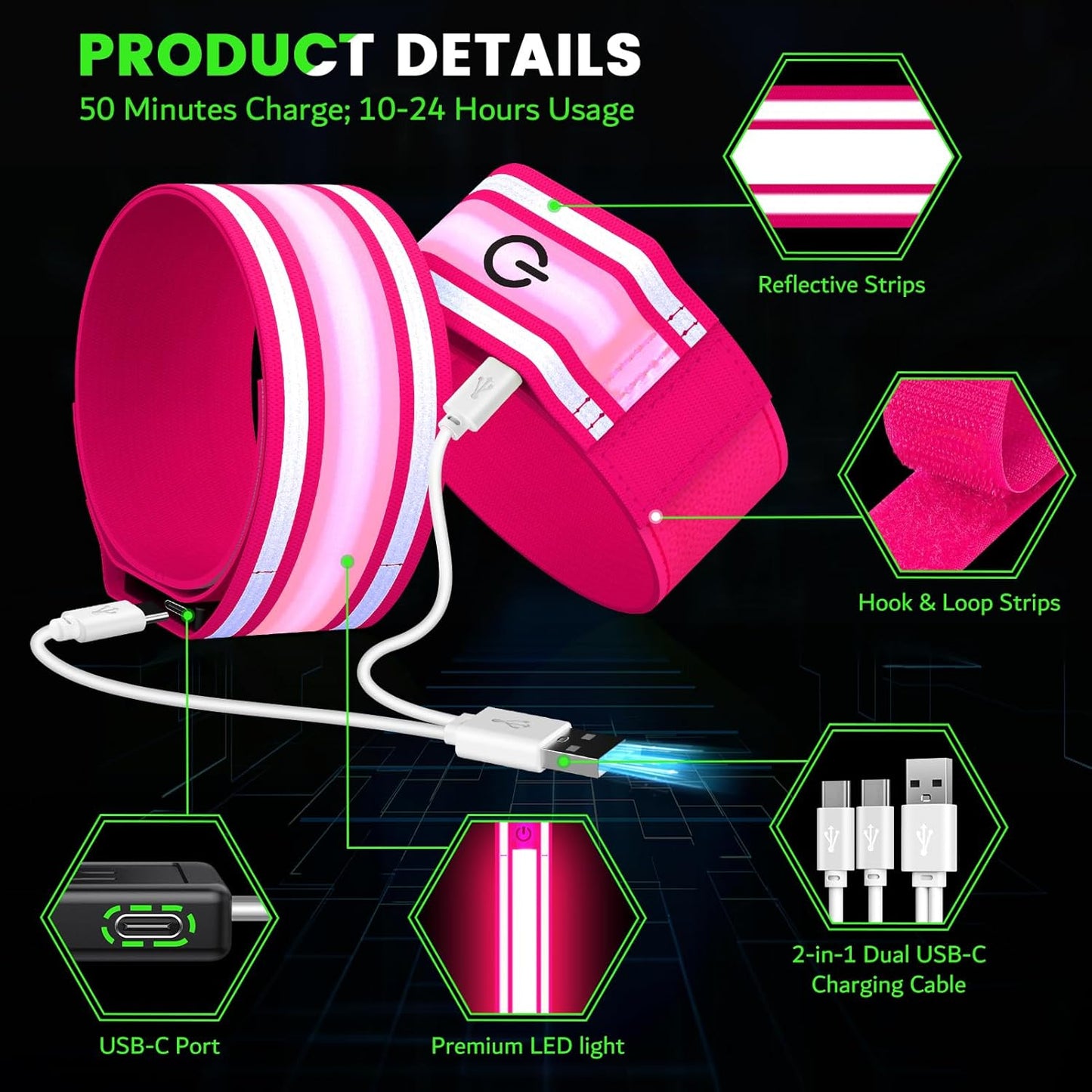 LED Armband for Running(2 Pack),Light Up Arm Bands for Night Walking Running,Rechargeable Lights for Runners,High Visibility Reflective Running Gear Adjustable Light Up Wristbands