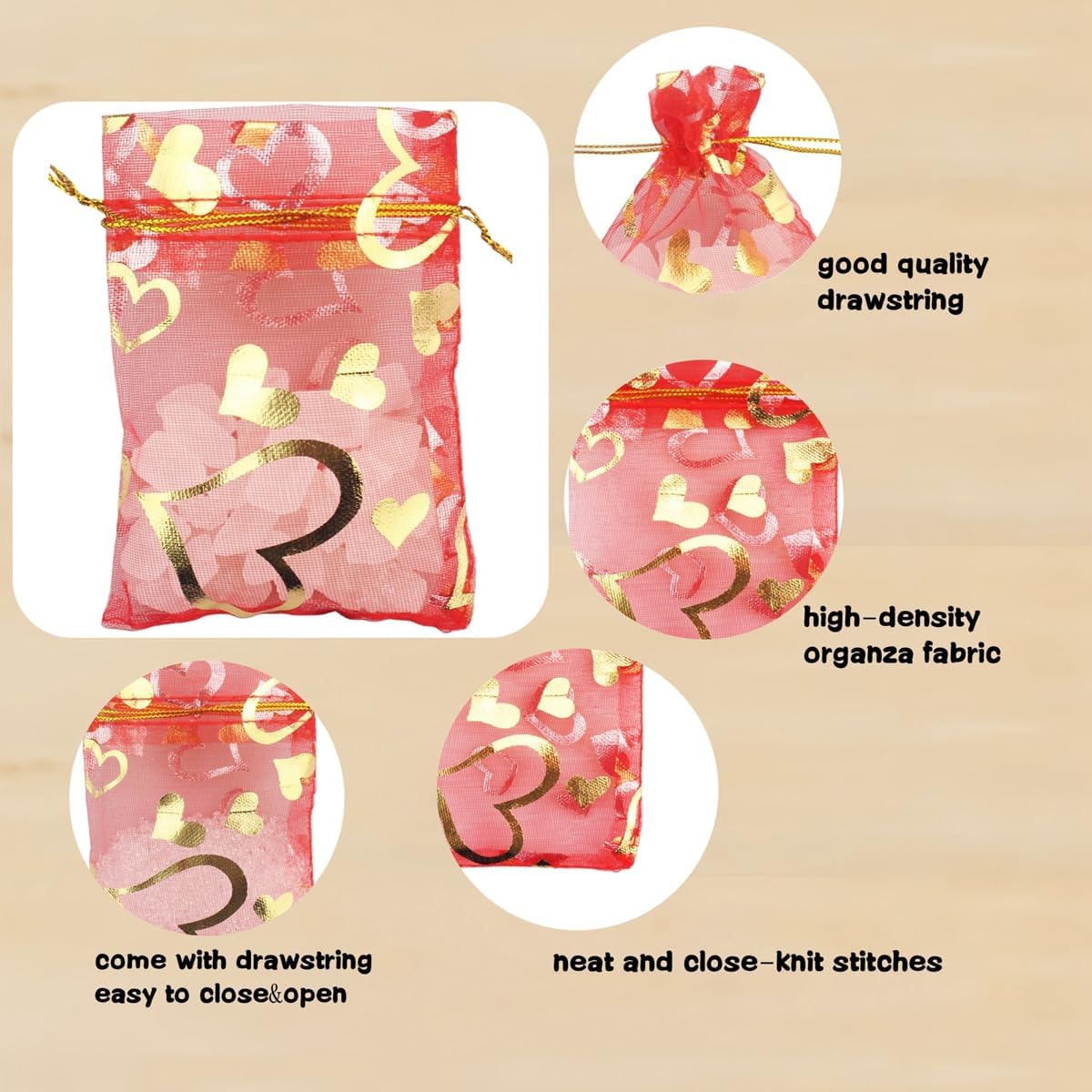 100 Pack 2.8 x 3.5 Inch Flower Heart Organza Jewelry Gift Pouch Candy Pouch Drawstring Wedding Favor Bags B511S (red gold heart)