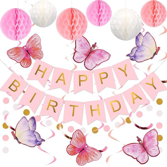 meowtastic Birthday Decorations, Happy Birthday Banner with Honeycomb Balls, Butterfly Hanging Swirl Streamers, Circle Dots Garland, Happy Birthday Party Decorations for Women Men Boys Girls (Pink)