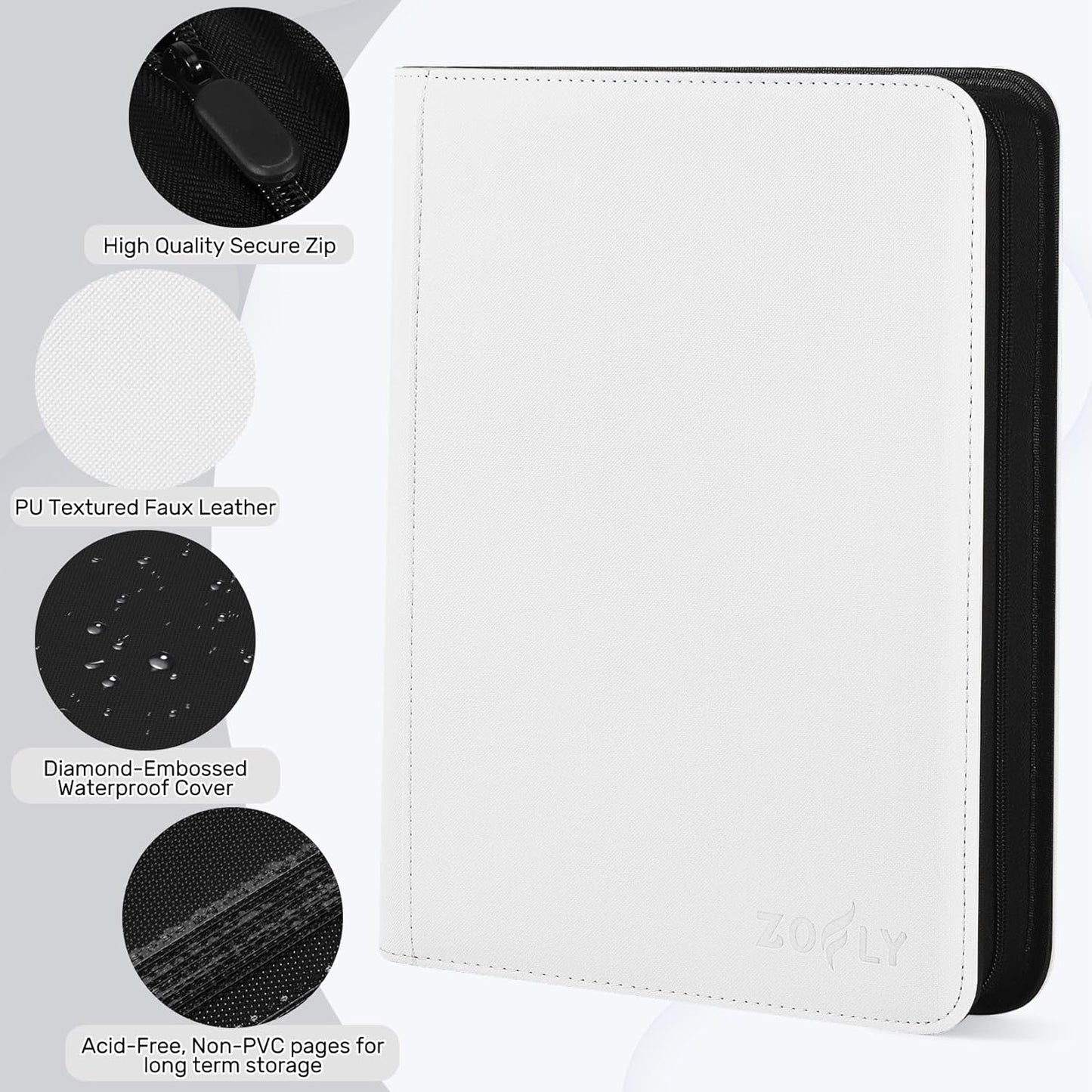 Trading Card Binder 9 Pocket, Zipper Binder Card Album Holds 540 Cards, 30 Pack Acid-Free Pages with Side Loading, Premium Leather Cover Card Folder for TCG/MTG/Sports Cards Collection, White