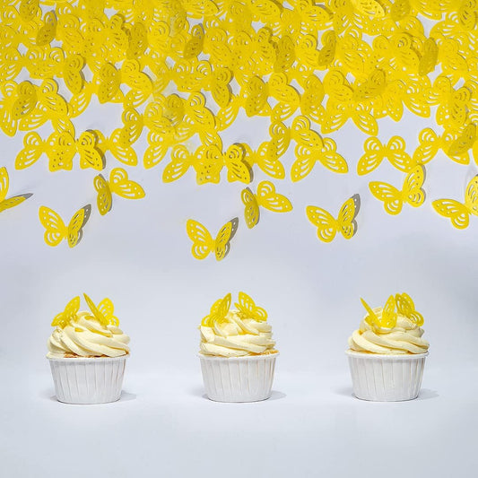 Edible Flowers -Edible leaves -Edible butterflies Wafer Paper Cake Cupcake Toppers for Decorating Rice Paper Food Decorations for Baking Girl Birthday Party (Yellow butterflies60)