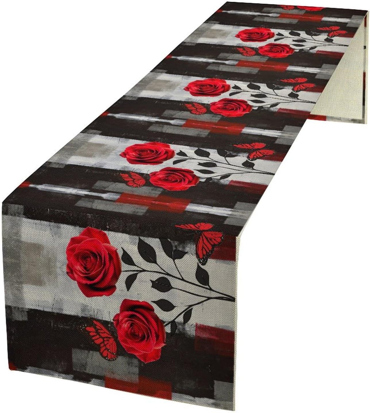 Abstract Art Rose Table Runner, Red Roses Floral Butterfly Black Red Grey Ink Background Pattern Kitchen Dinning Table Runner for Indoor Outdoor Home Wedding Party Holiday, 13x60 Inch