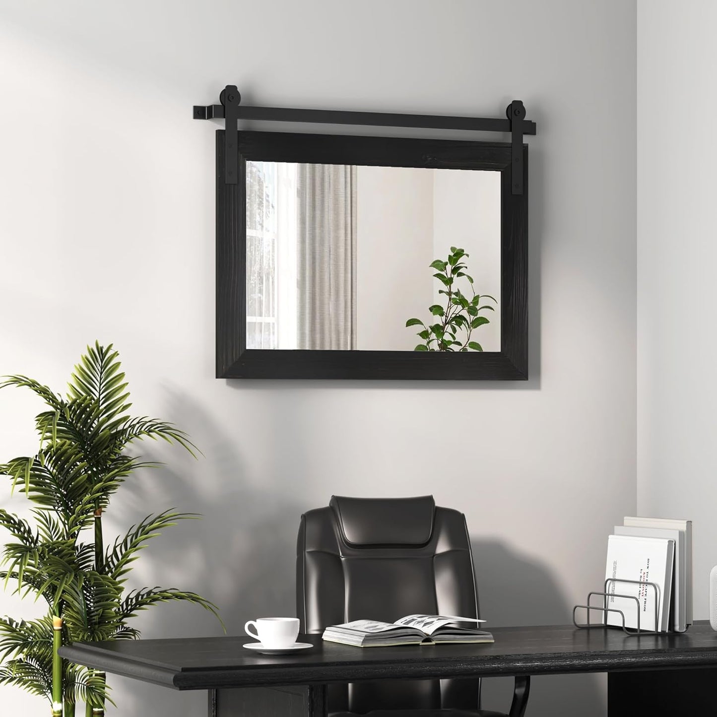 COGOOD Farmhouse Barn Door Mirror - 25" x 18" Rustic Wood Framed Decrative Mirror for Bathroom, Living Room, Entryway Wall Decor (Black)