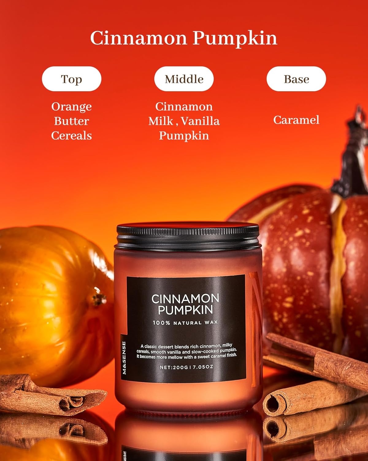 M&SENSE Cinnamon Pumpkin Fall Scented All Natural Soy Wax Candles for Home Scented, Cotton Wick Autumn Long Burning 7.05oz 50 Hours Burn Time, Jar Candle Gift for Men and Women