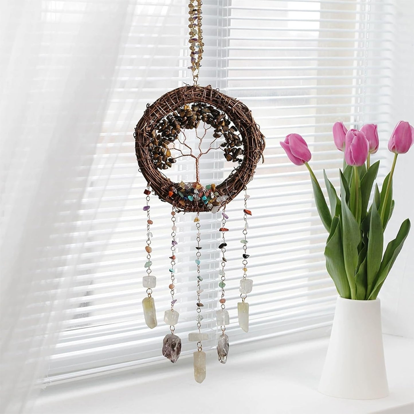 TUOKING Crystal Suncatchers for Window Tree of Life Brown Crystals Vine Wreath Sun Catchers Rainbow Maker Ornament Gift Home Garden Decoration