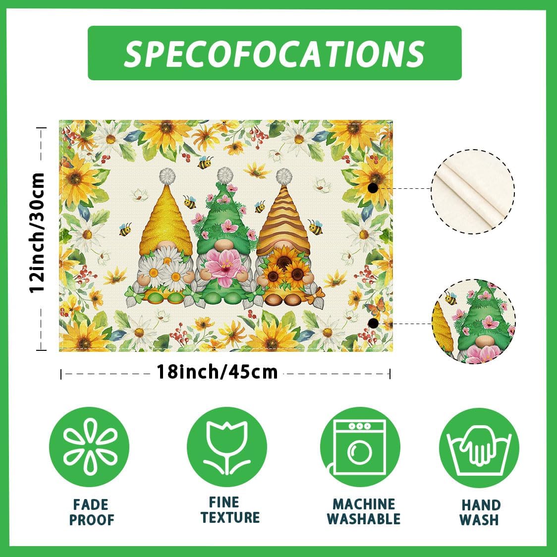 XCHI Daisies Flowers Gnomes Spring Placemats Set of 4 Table Mats Summer Seasonal Table Decorations 12x18 Inch
