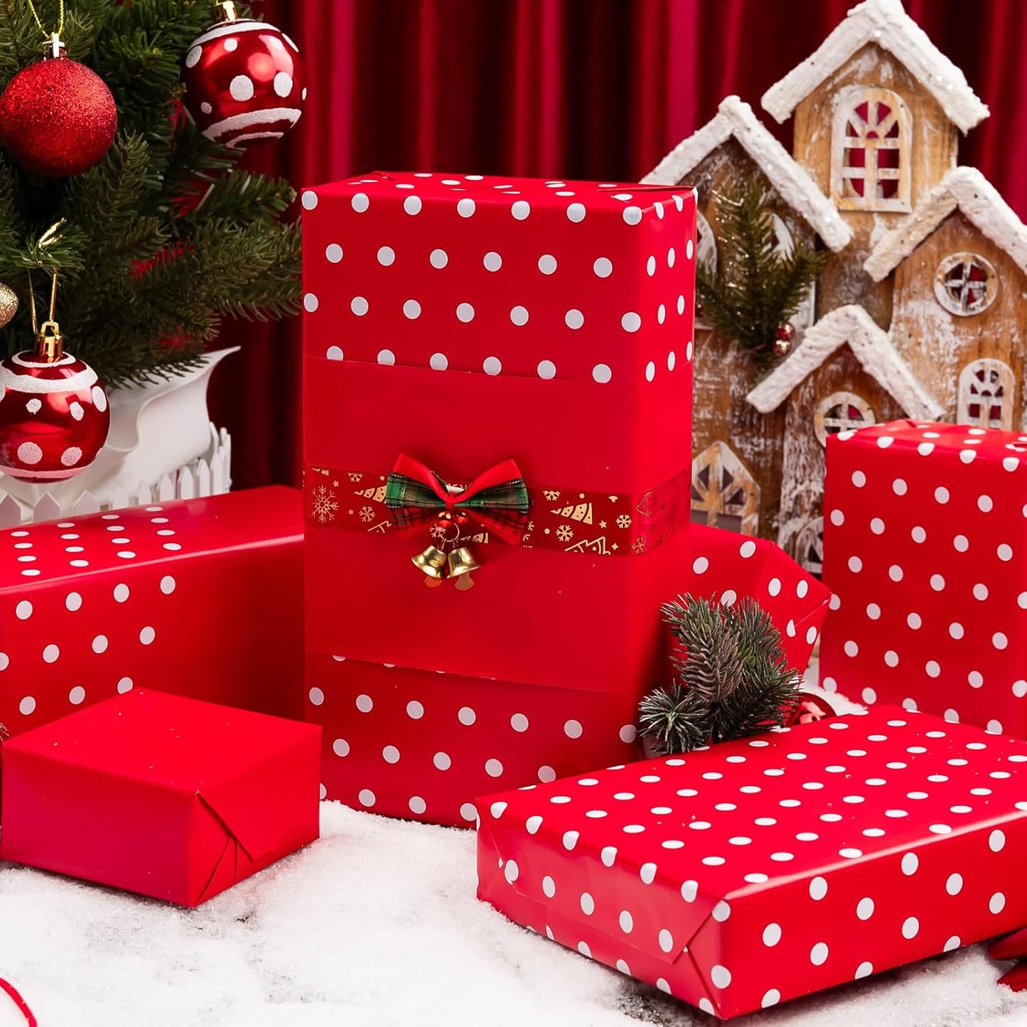 Flyhill Red Wrapping Paper,Reversible Gift Wrap Paper with Polka Dot Design for Girls,Birthday,Valentine's Day,Mother's Day(17 Inch X 32.8 Feet)