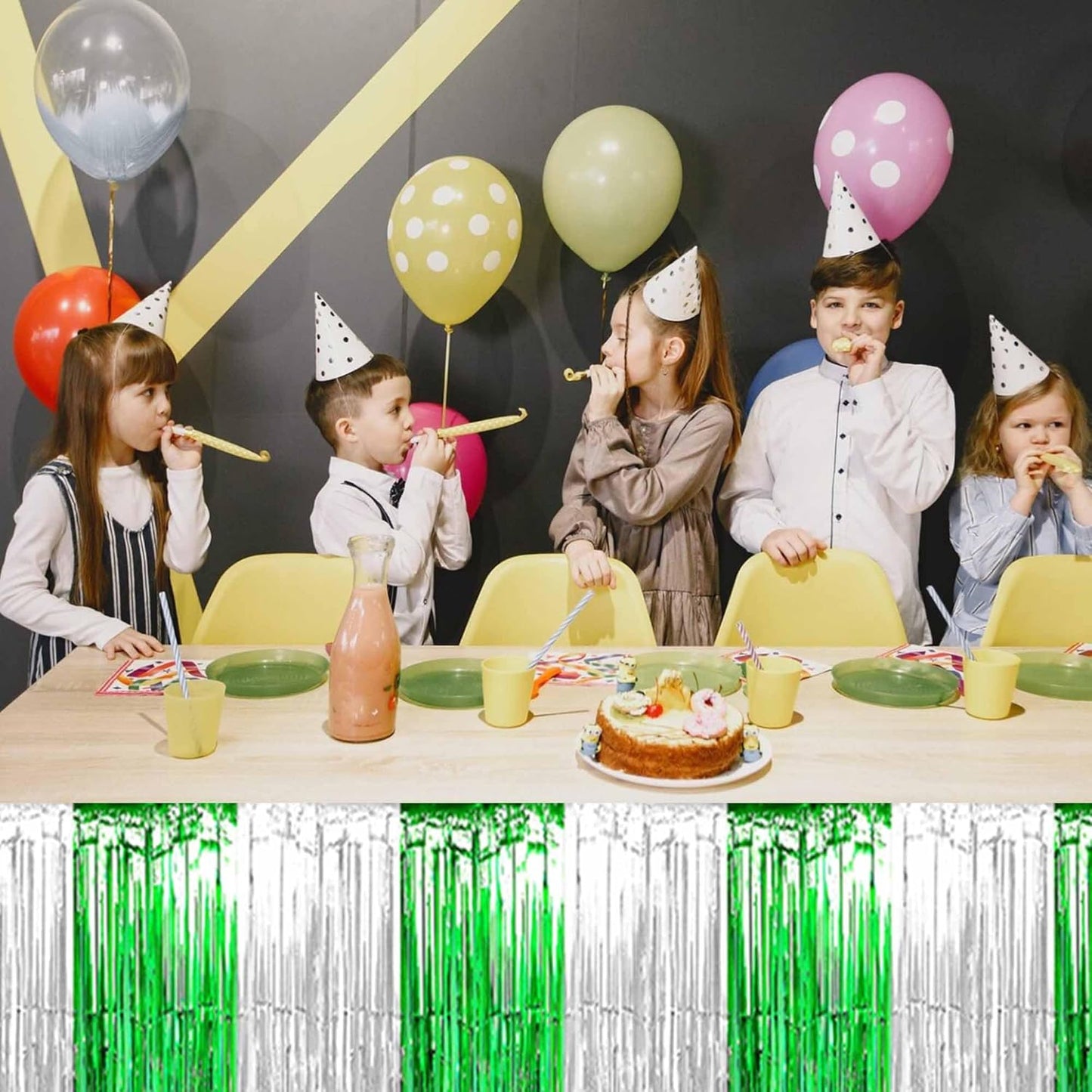 3 Pack Silver Green Foil Fringe Table Skirts Metallic Tinsel Streamers Garland Banner Backdrop for Table Decor, Parade Float, Birthday, Wedding, Halloween, Christmas Party Decorations(29x108 In)