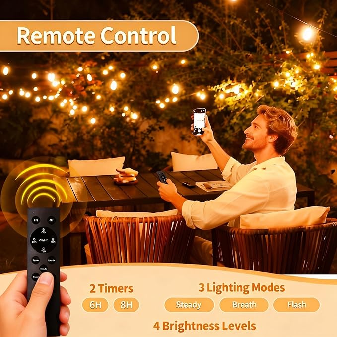 Outdoor String Lights with Remote, 50ft 25 Bulbs Low Voltage(24V) Patio Lights, Dimmable & Timer, IP65 Waterproof, G40 LED Hanging Lights for Outside, Deck, Garden, Backyard, Porch, Party