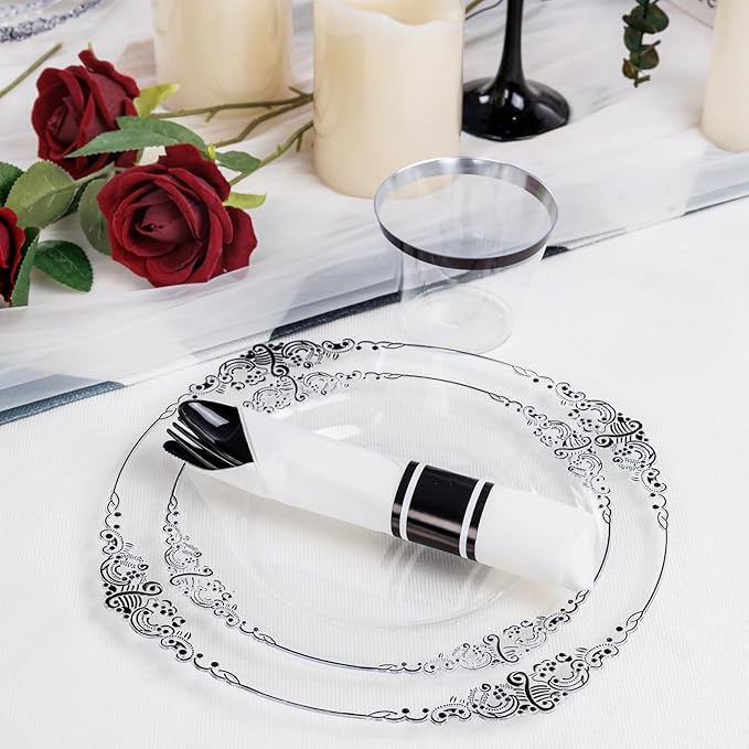 Hioasis 175pcs Clear and Black Plates - Black Party Plates for 25 Guest, Include 50 Heavy-duty Plates(20% Thicker Than Standard), 25 Pre Rolled Gold Plastic Silverware Set, 25 Cups